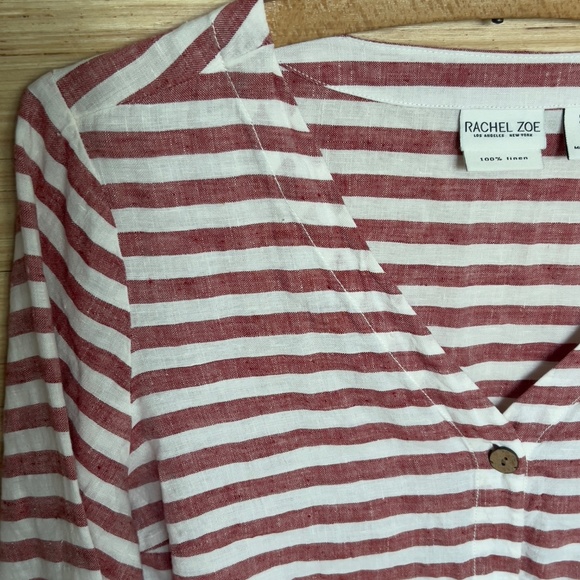Rachel Zoe 100% linen top size S small striped wooden buttons v-ceck beachy boho - Picture 3 of 7